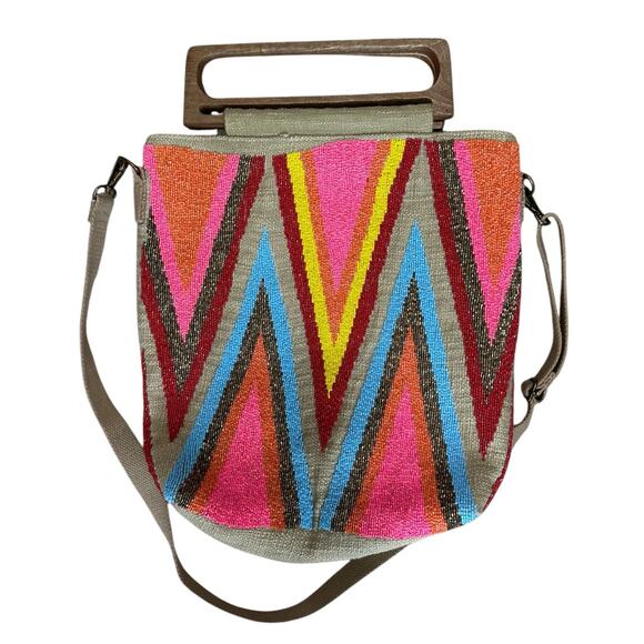 Chloe & Lex tan tan multi color beaded Tote - Picture 1 of 5